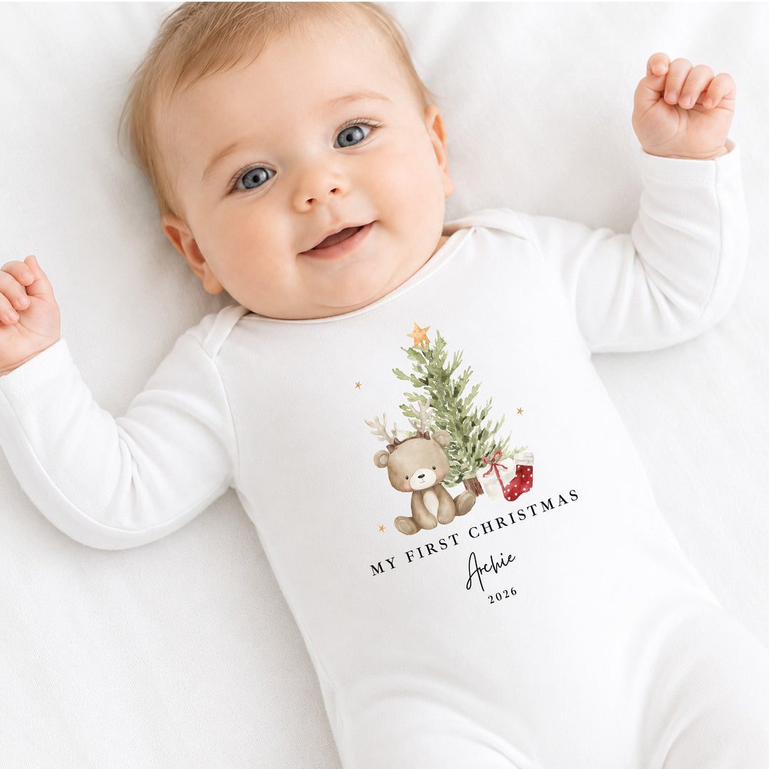 Personalised Bear Reindeer Tree My First Christmas Baby Grow or Vest
