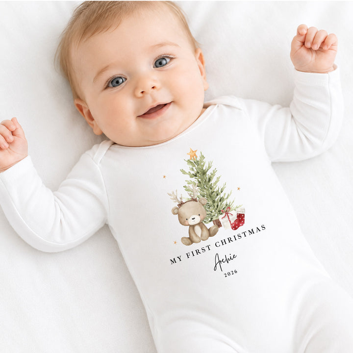 Personalised Bear Reindeer Tree My First Christmas Baby Grow or Vest