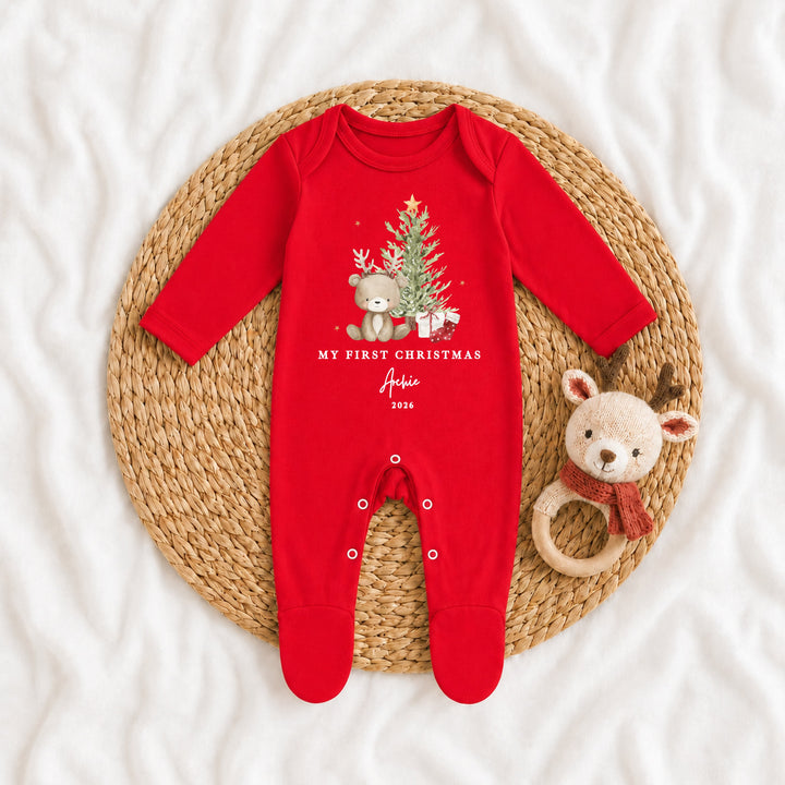 Personalised Bear Reindeer Tree My First Christmas Red Baby Grow