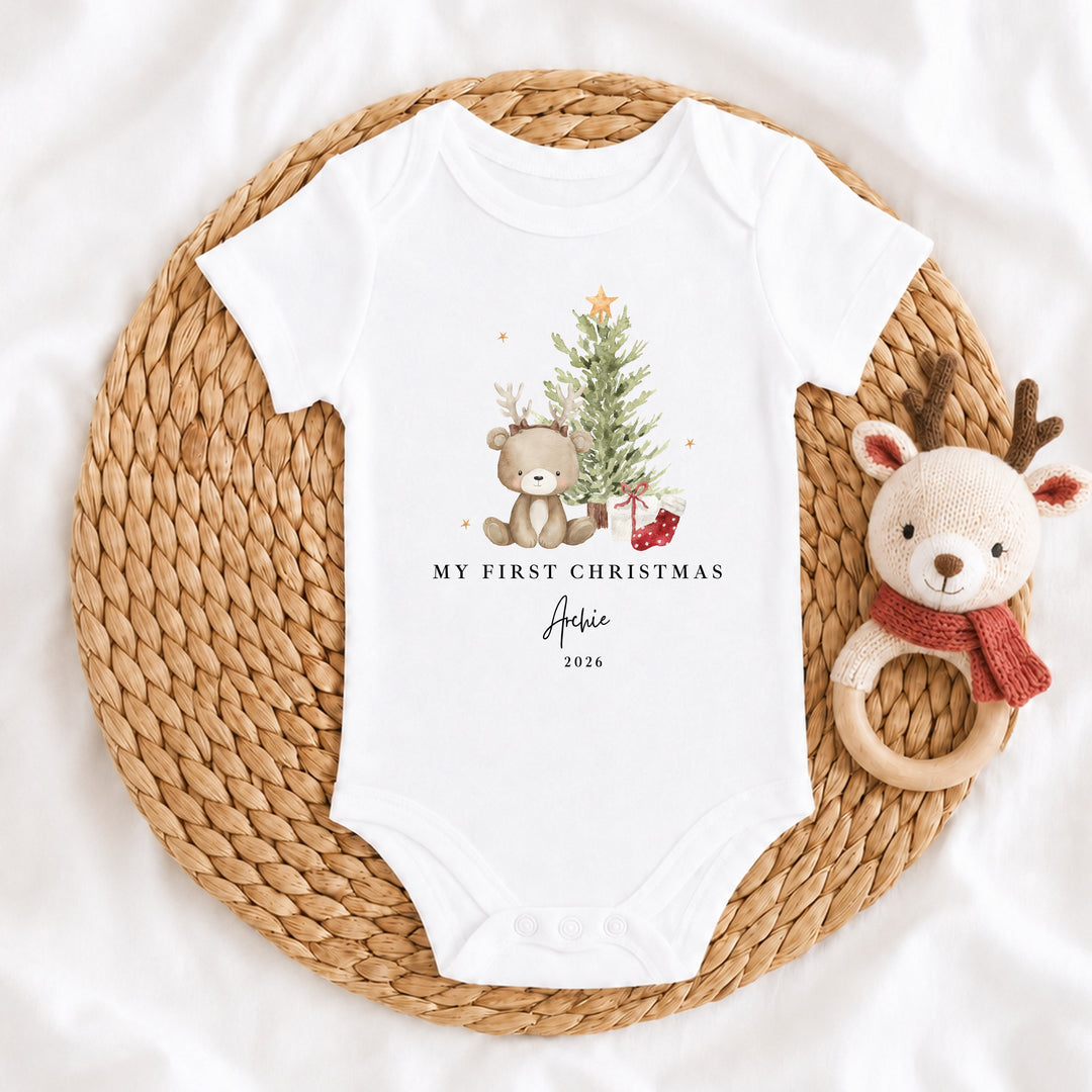 Personalised Bear Reindeer Tree My First Christmas Baby Grow or Vest