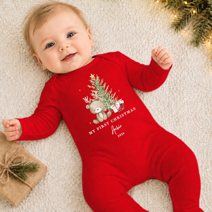 Personalised Bear Reindeer Tree My First Christmas Red Baby Grow