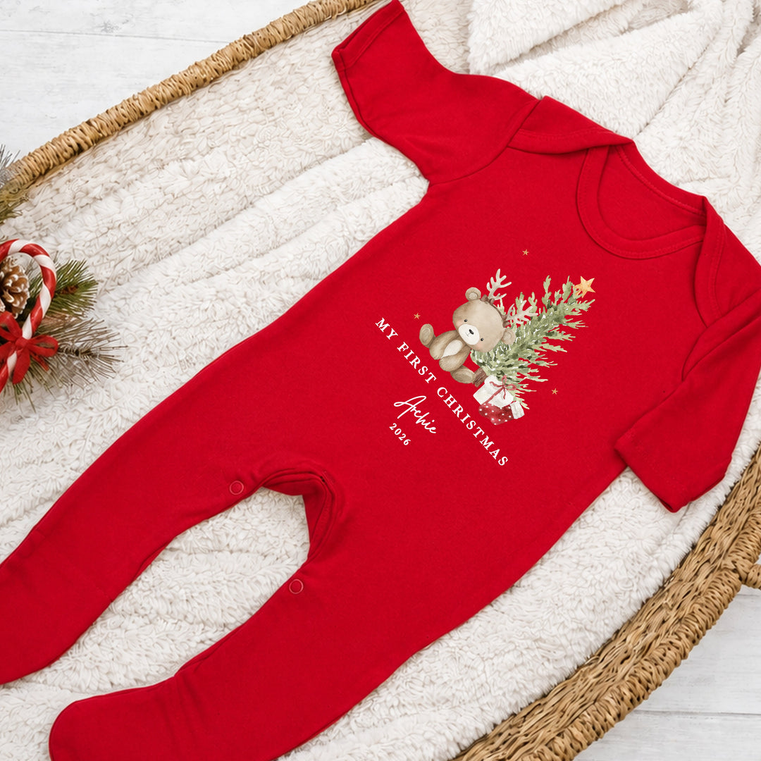 Personalised Bear Reindeer Tree My First Christmas Red Baby Grow