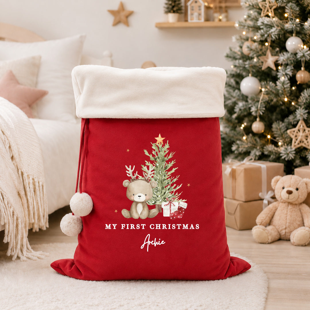 Personalised Bear Reindeer Tree My First Christmas Stocking or Santa Sack