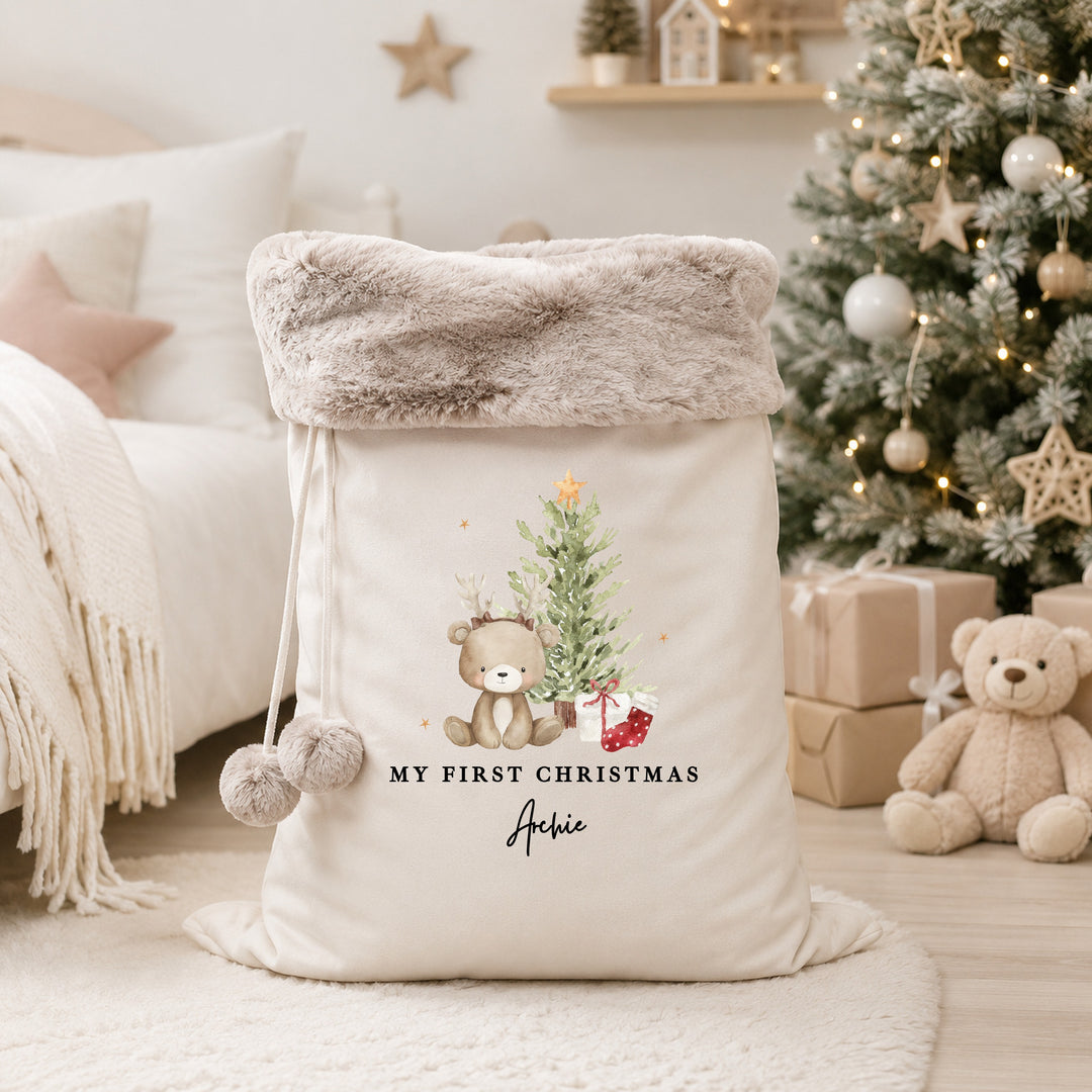 Personalised Bear Reindeer Tree My First Christmas Stocking or Santa Sack