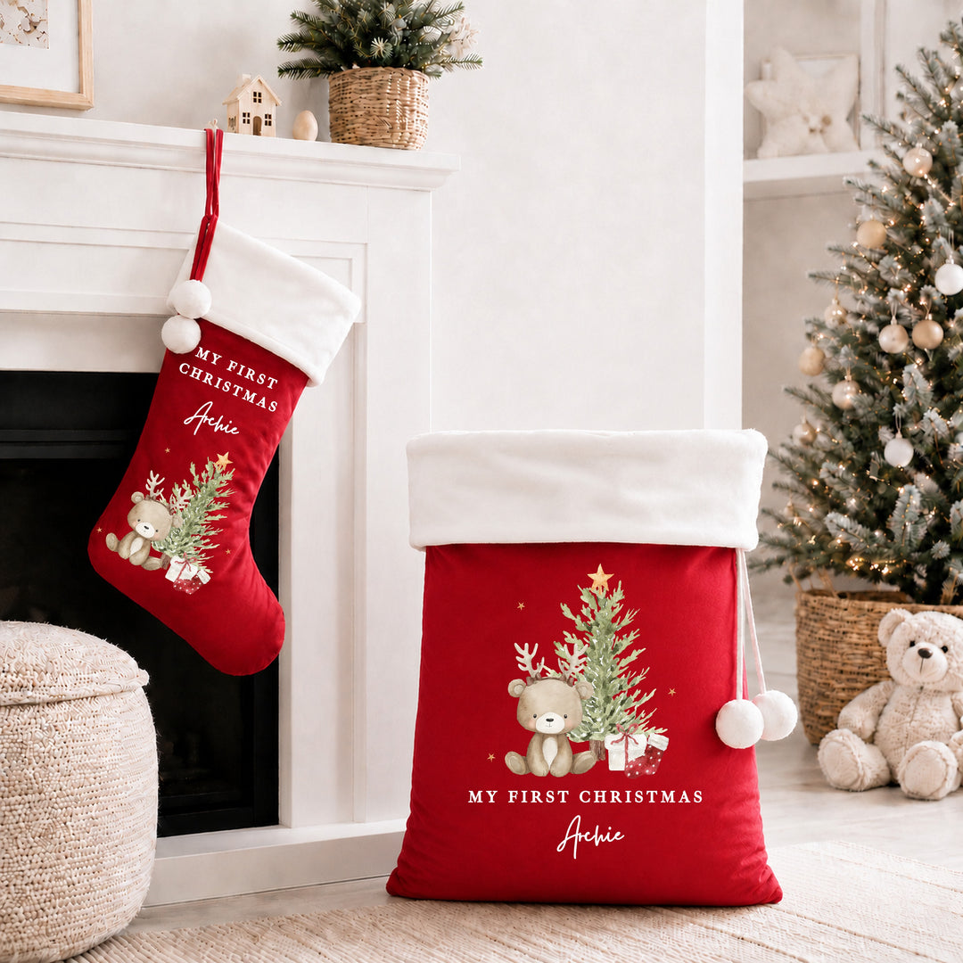 Personalised Bear Reindeer Tree My First Christmas Stocking or Santa Sack