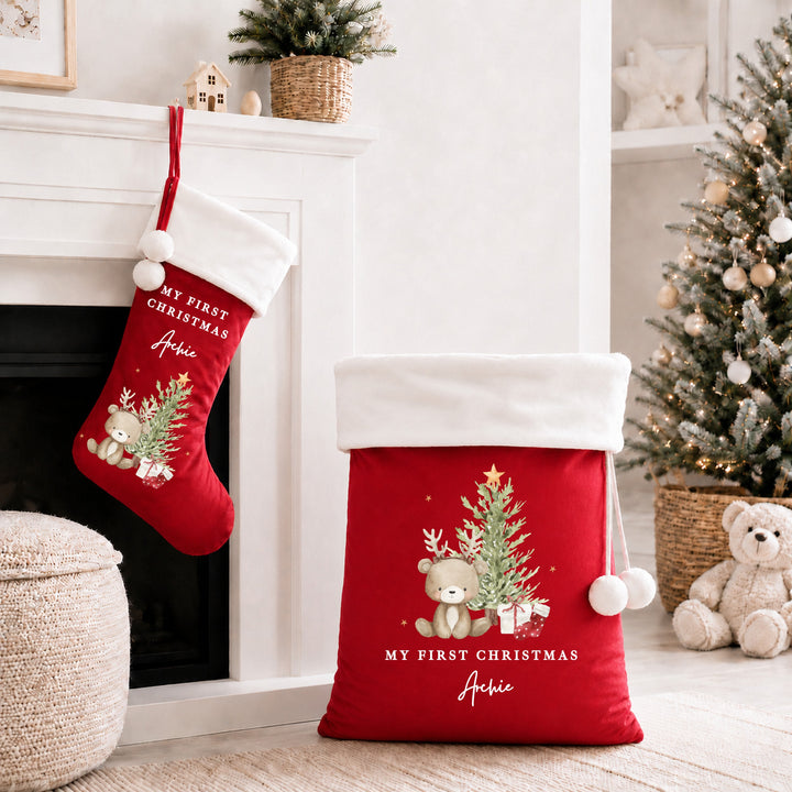 Personalised Bear Reindeer Tree My First Christmas Stocking or Santa Sack