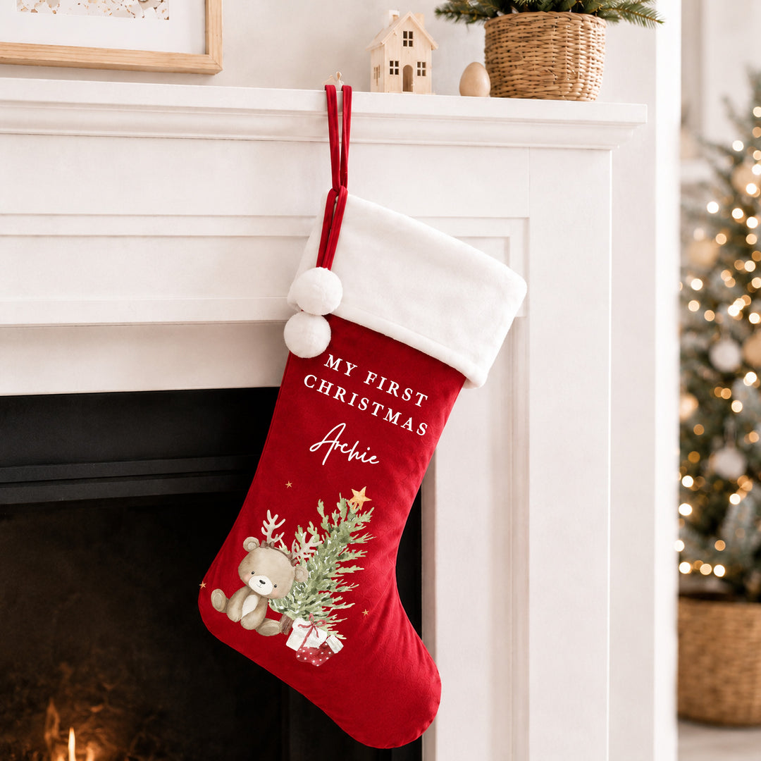 Personalised Bear Reindeer Tree My First Christmas Stocking or Santa Sack