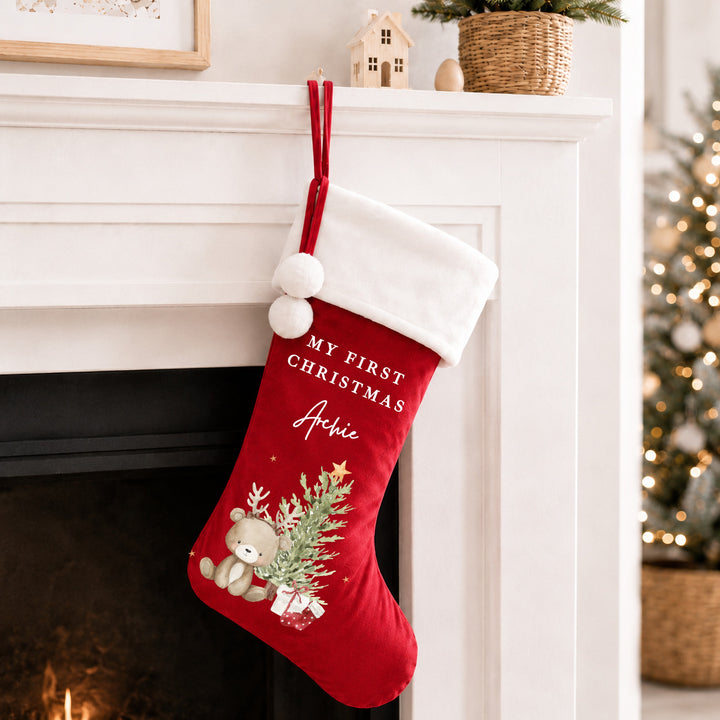 Personalised Bear Reindeer Tree My First Christmas Stocking or Santa Sack