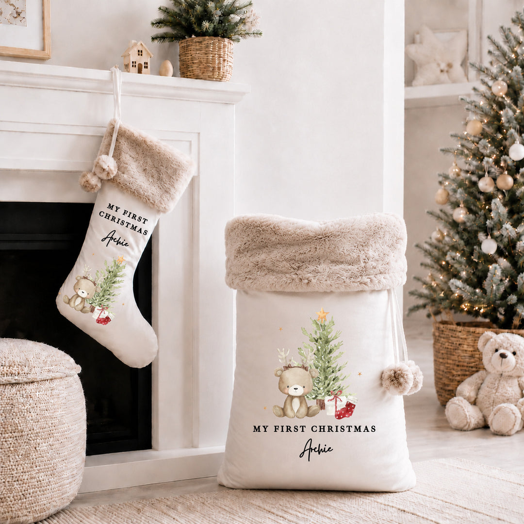 Personalised Bear Reindeer Tree My First Christmas Stocking or Santa Sack