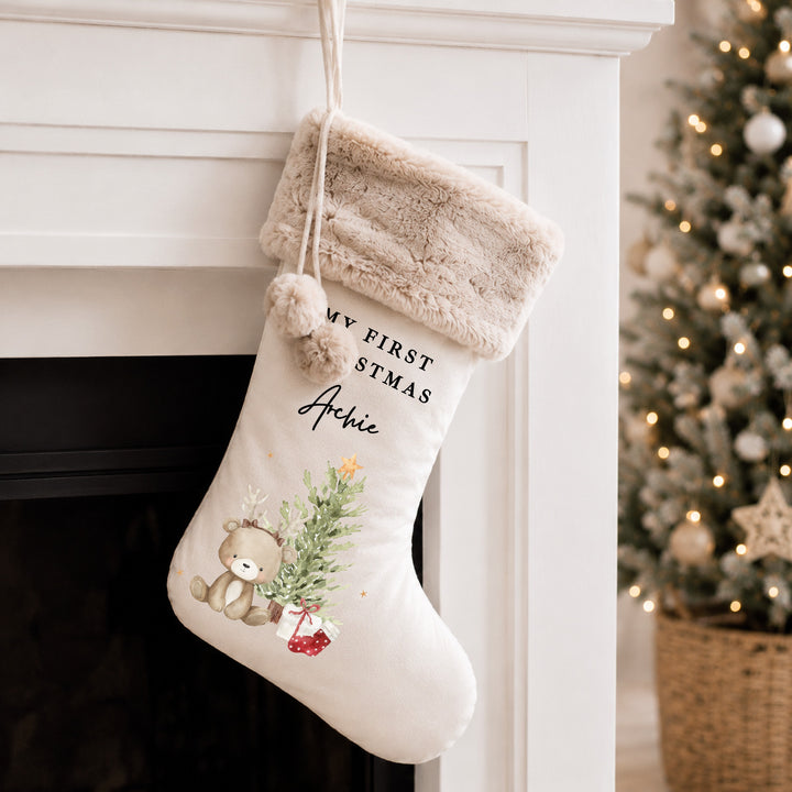 Personalised Bear Reindeer Tree My First Christmas Stocking or Santa Sack