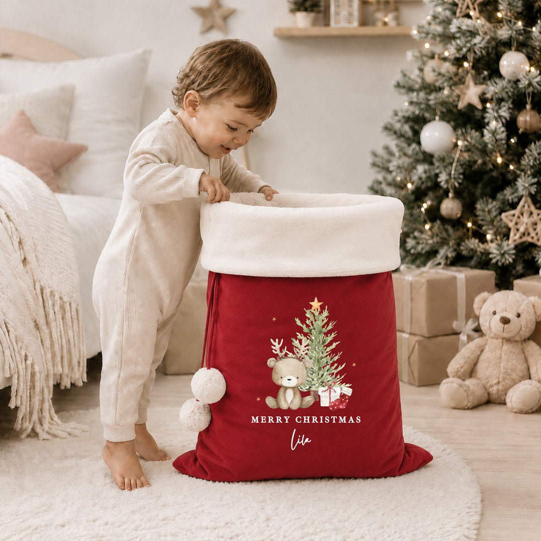 Personalised Bear Reindeer Tree My First Christmas Stocking or Santa Sack