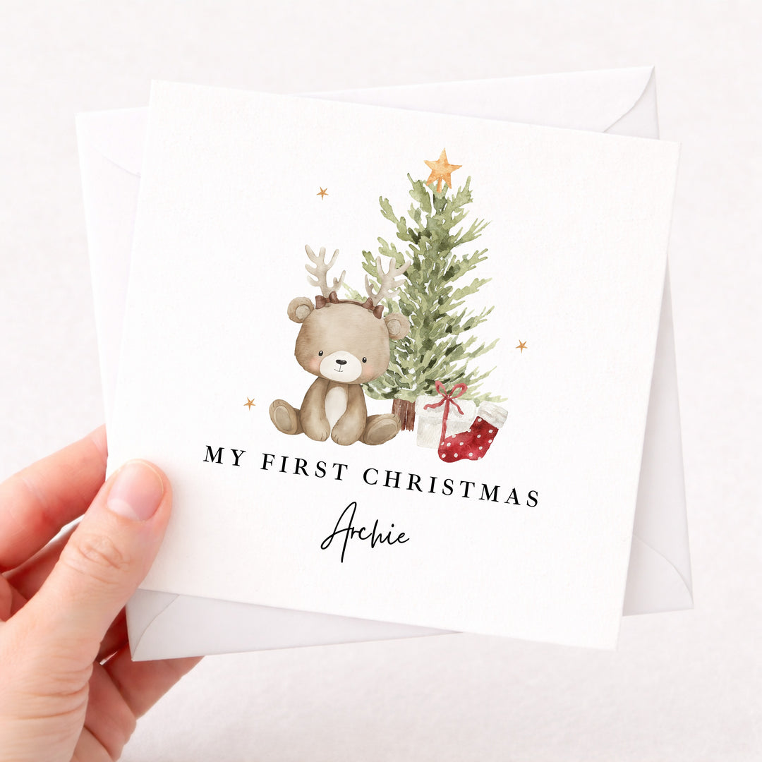 Personalised Bear Reindeer Tree My First Christmas Card