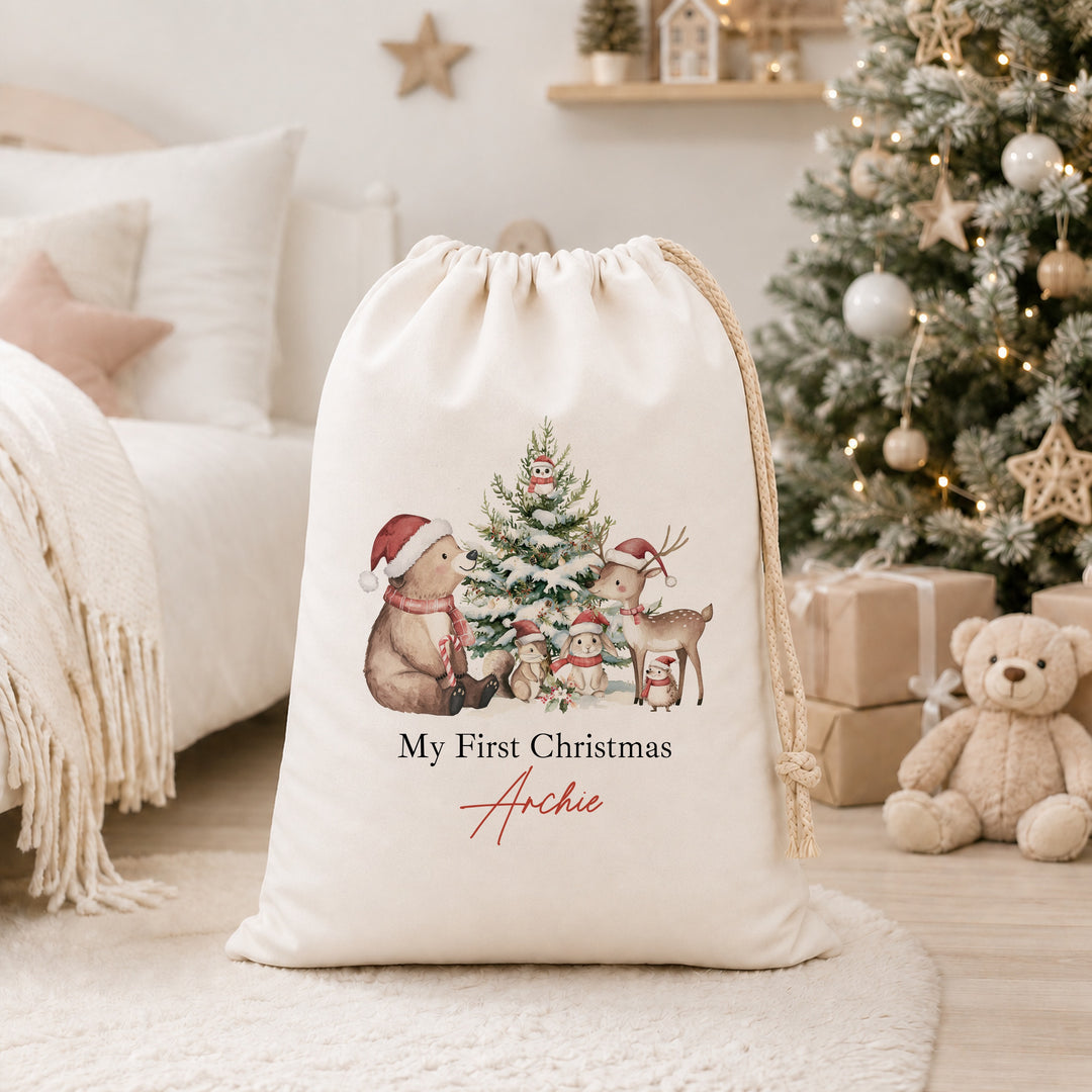Personalised Bear Woodlands My First Christmas Canvas Santa Sack