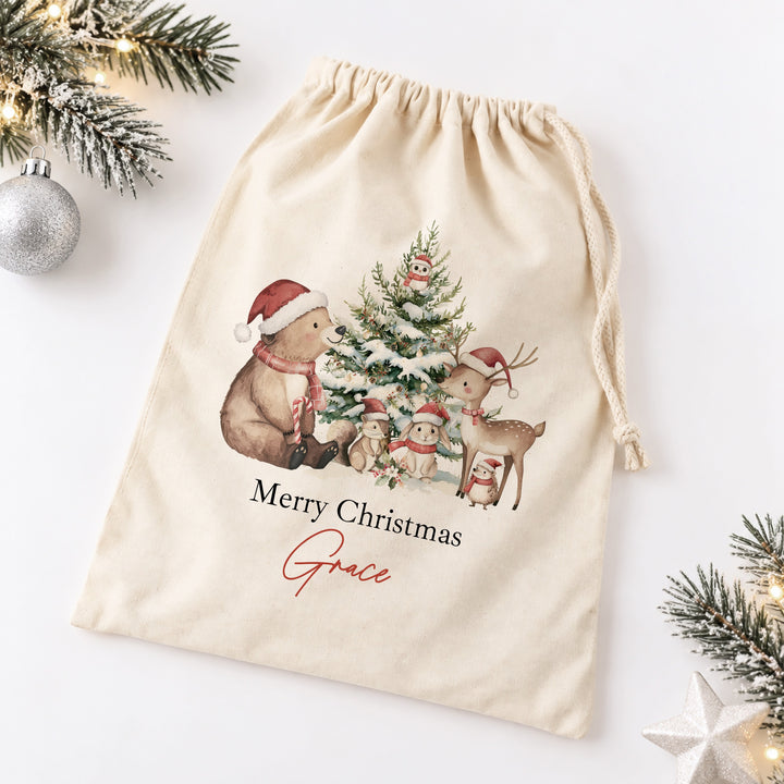 Personalised Bear Woodlands My First Christmas Canvas Santa Sack