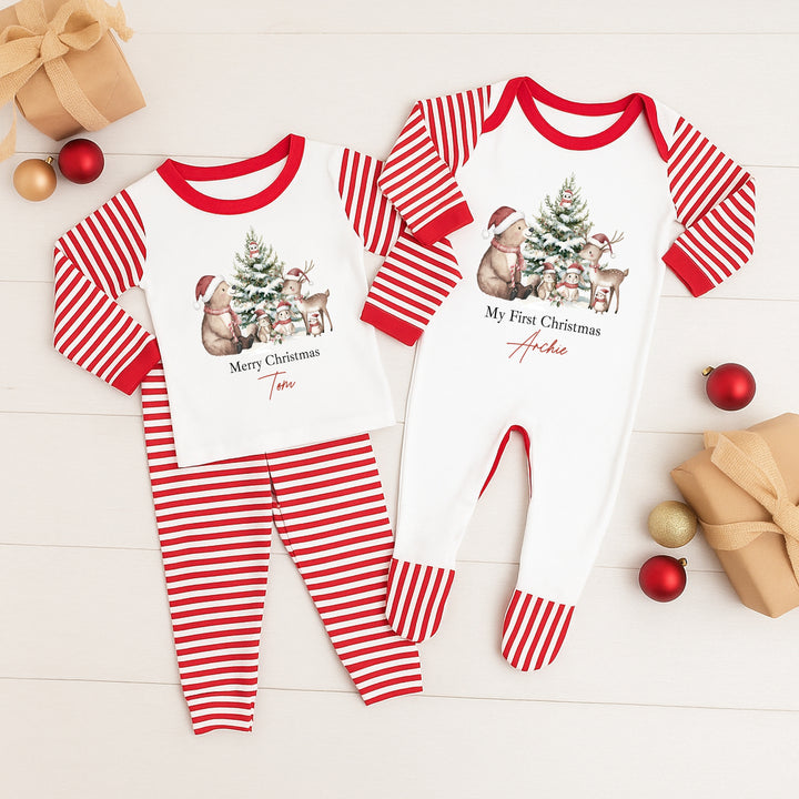 Personalised Woodland Bear Sibling Matching Christmas Babygrow/Pyjamas