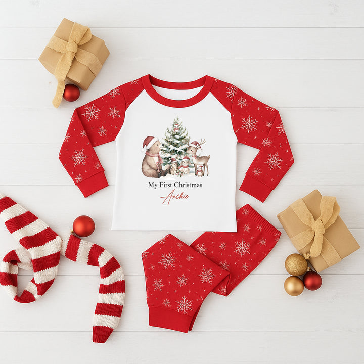 Personalised Woodlands Sibling Matching Snowflake Christmas Babygrow/Pyjamas