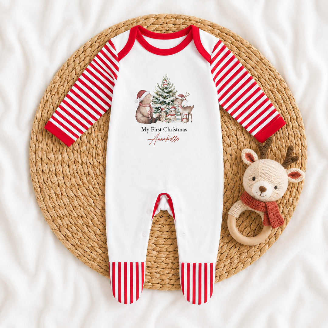 Personalised Woodland Bear My First Christmas Baby Grow, Vest or Bib