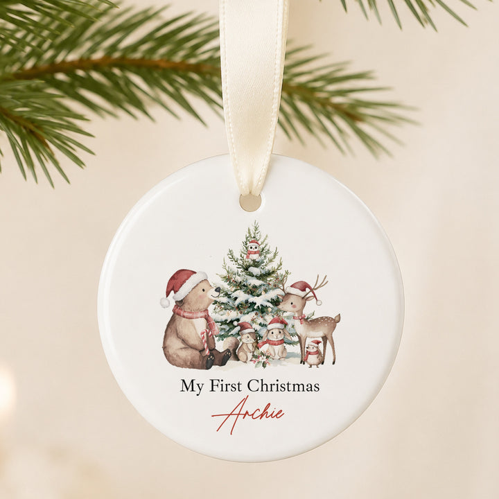 Personalised Woodland Bear Ceramic My First Christmas Bauble