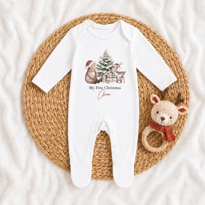 Personalised Woodland Bear My First Christmas Baby Grow, Vest or Bib