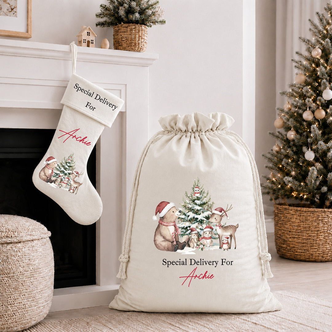 Personalised Woodland Bears My First Christmas Santa Sack or Stocking