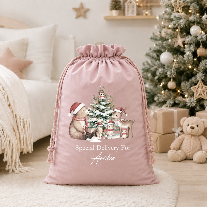 Personalised Woodland Bears My First Christmas Santa Sack or Stocking