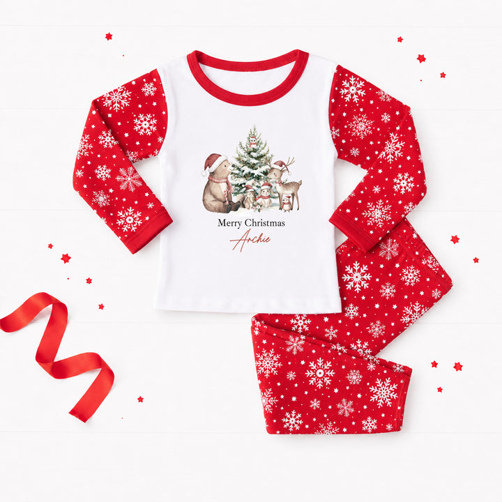 Personalised Woodlands Bear Snowflake Sibling Matching Christmas Pyjamas or Baby Grow