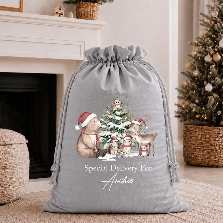 Personalised Woodland Bears My First Christmas Santa Sack or Stocking