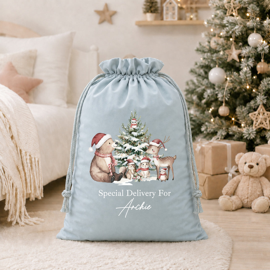 Personalised Woodland Bears My First Christmas Santa Sack or Stocking