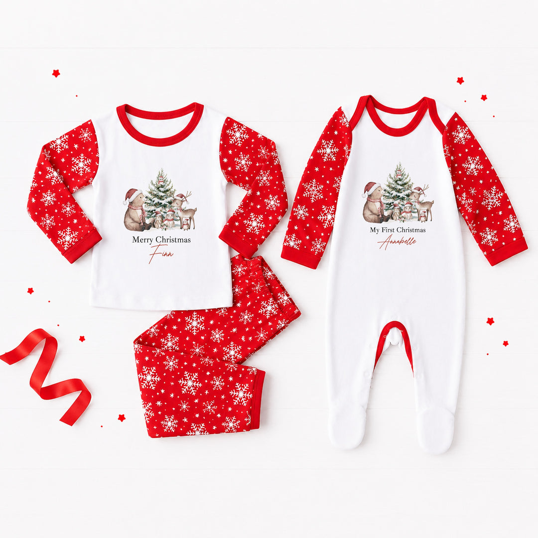 Personalised Woodlands Bear Snowflake Sibling Matching Christmas Pyjamas or Baby Grow