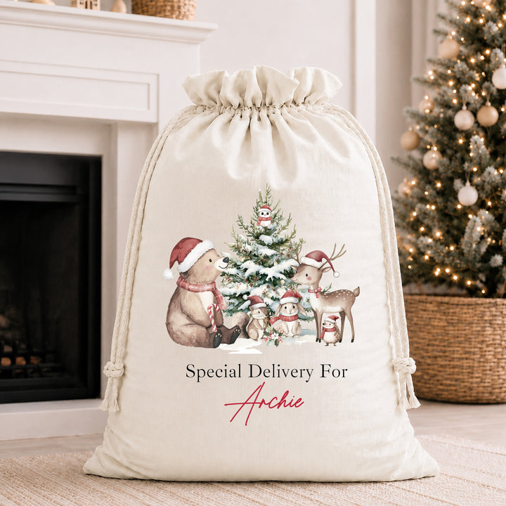 Personalised Woodland Bears My First Christmas Santa Sack or Stocking