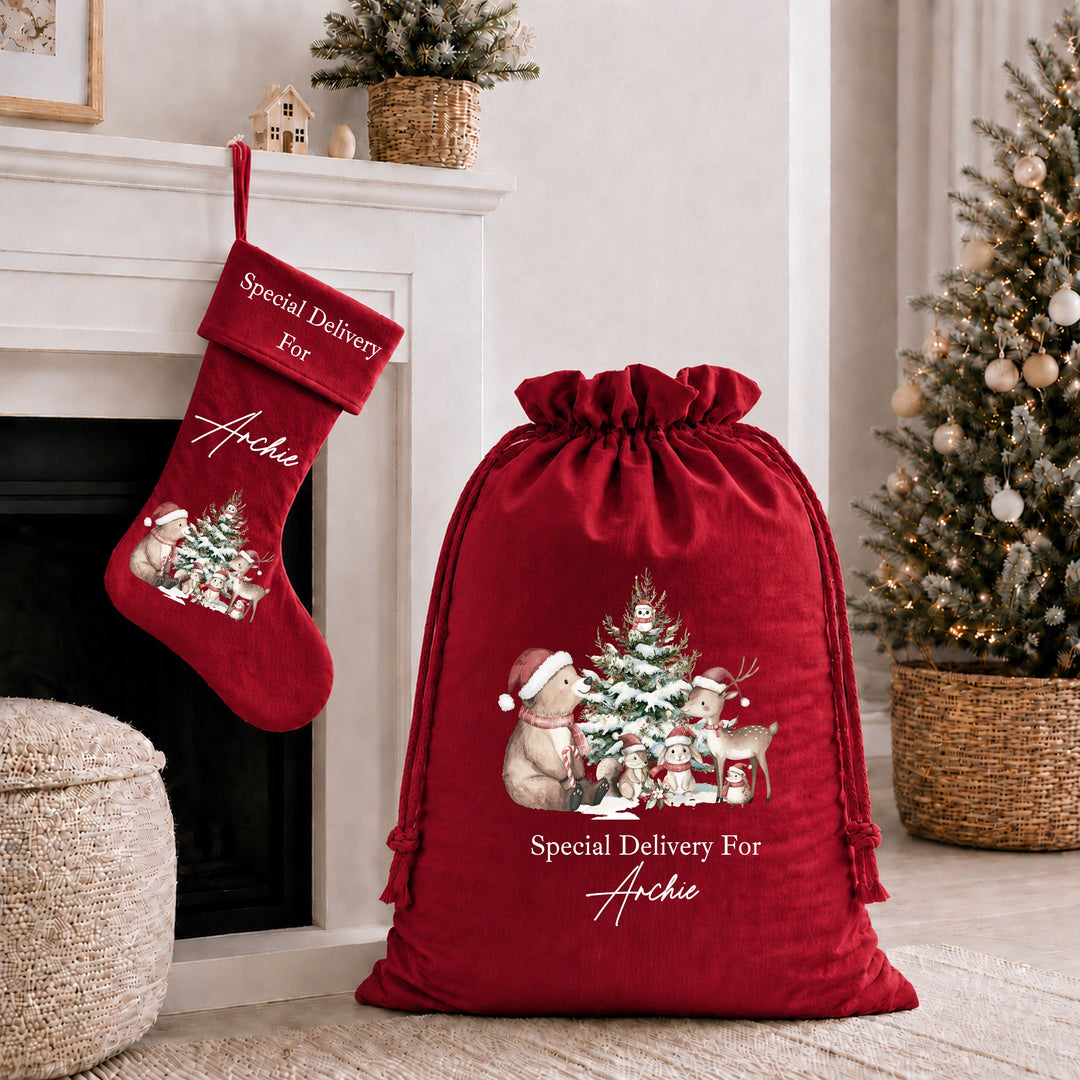 Personalised Woodland Bears My First Christmas Santa Sack or Stocking