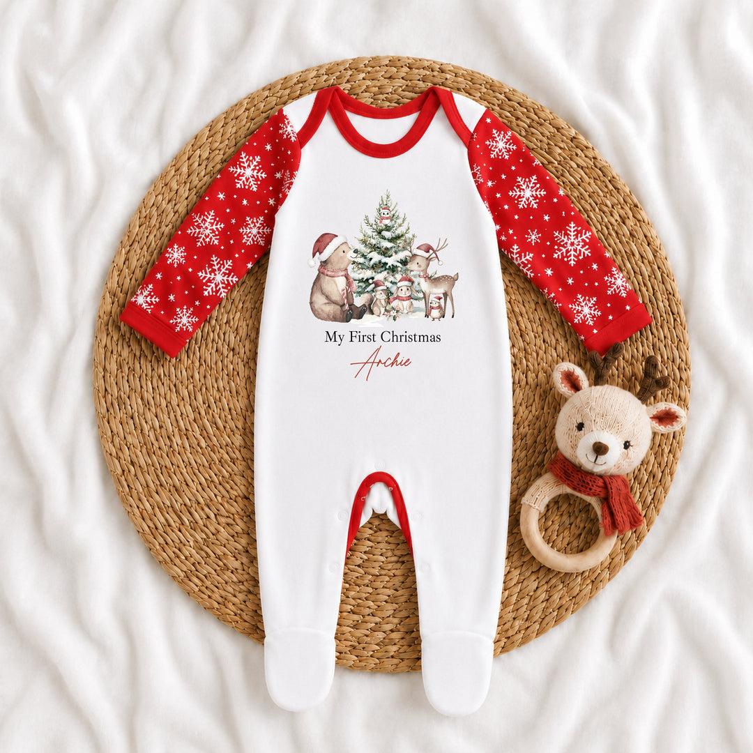 Personalised Woodlands Bear Snowflake Sibling Matching Christmas Pyjamas or Baby Grow