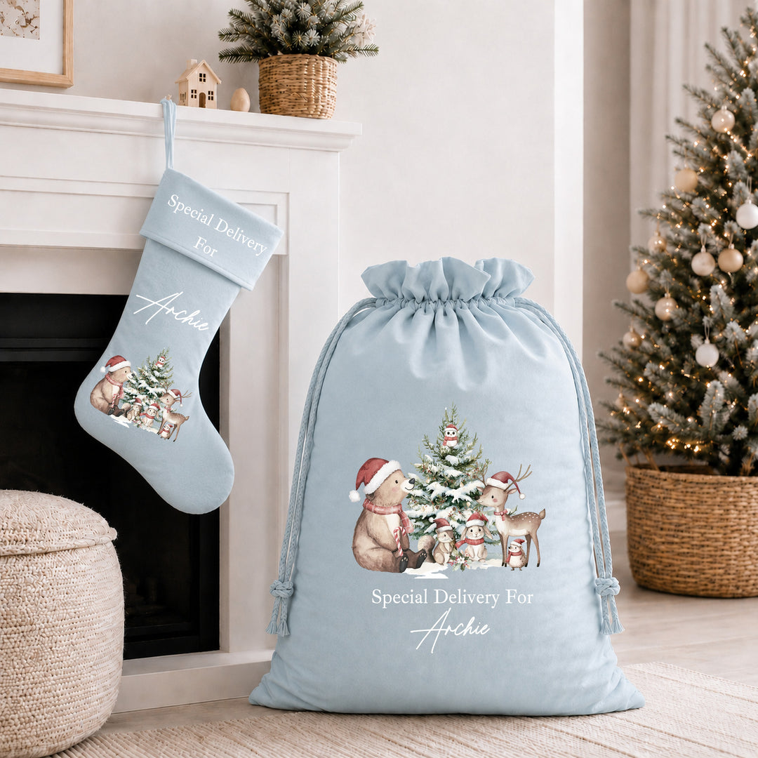 Personalised Woodland Bears My First Christmas Santa Sack or Stocking