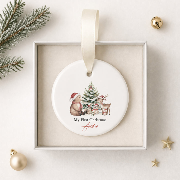 Personalised Woodland Bear Ceramic My First Christmas Bauble