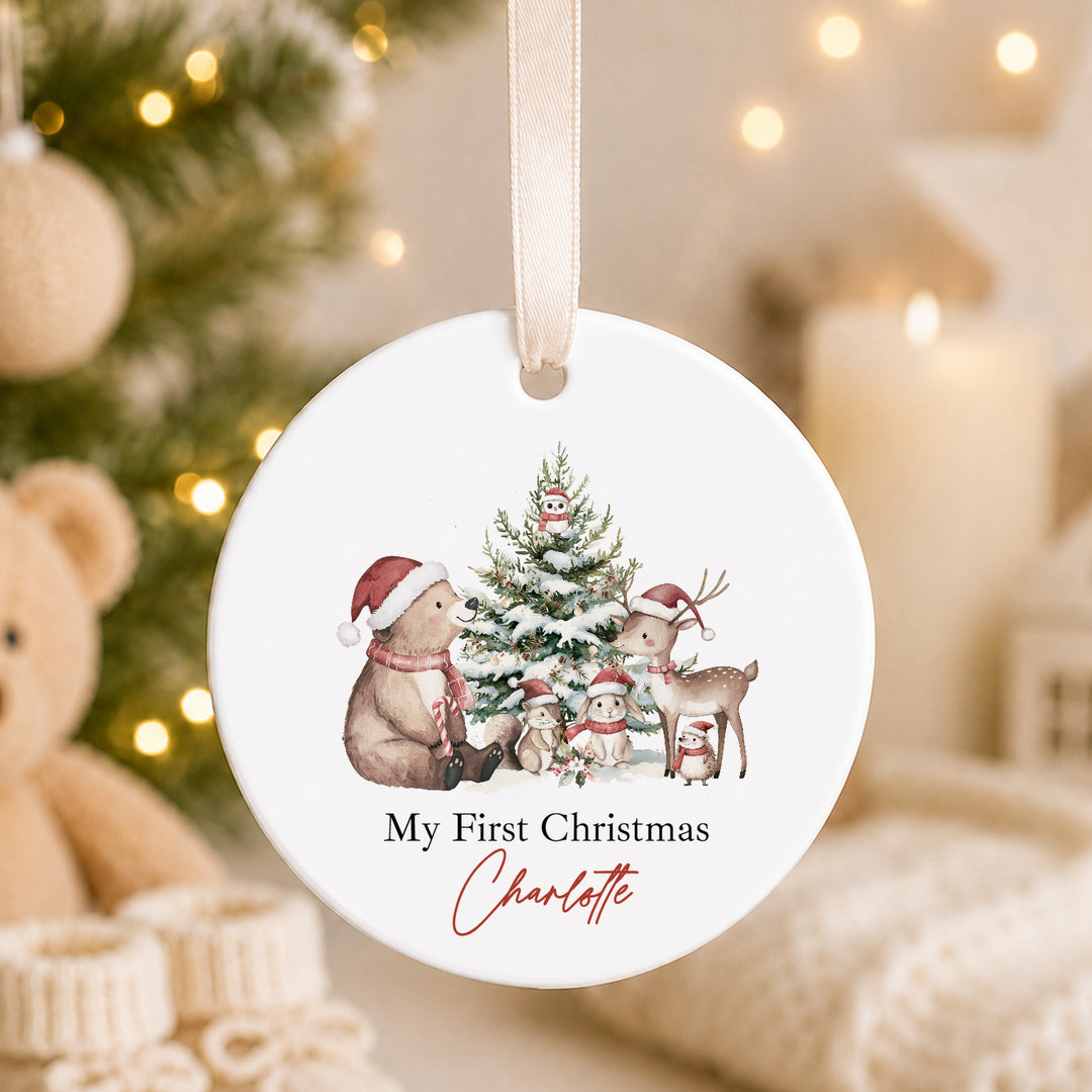 Personalised Woodland Bear Ceramic My First Christmas Bauble