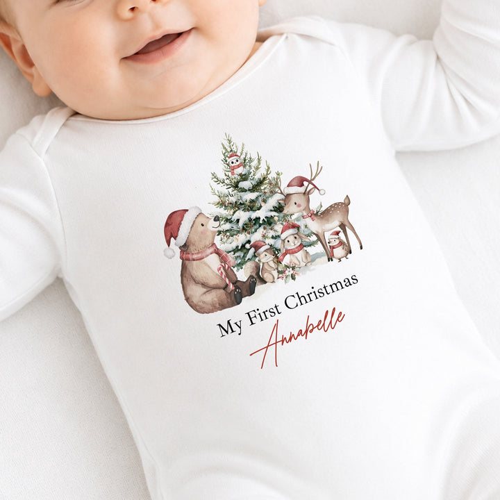 Personalised Woodland Bear My First Christmas Baby Grow, Vest or Bib