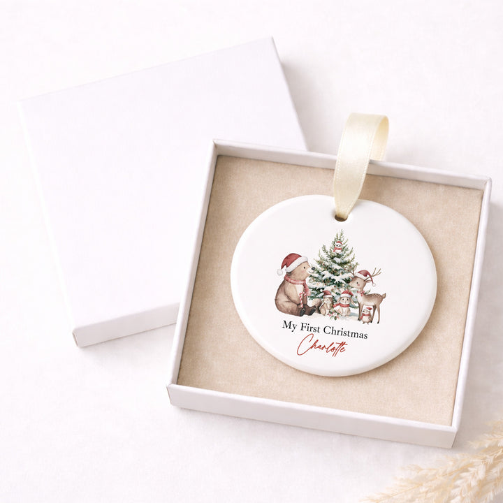 Personalised Woodland Bear Ceramic My First Christmas Bauble