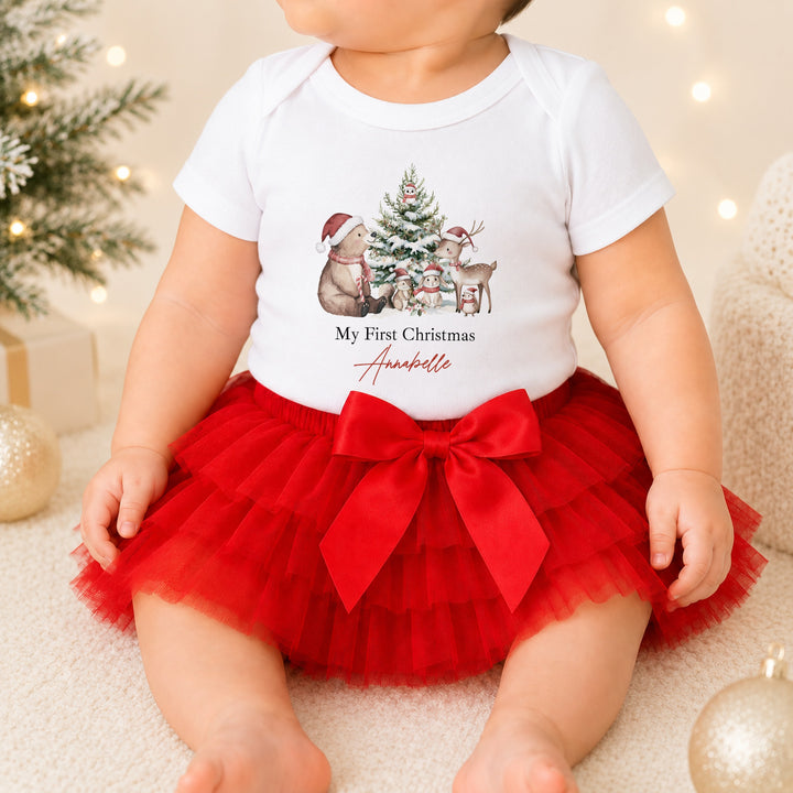 Personalised Woodland Bear My First Christmas Red Tutu &amp; Vest Set