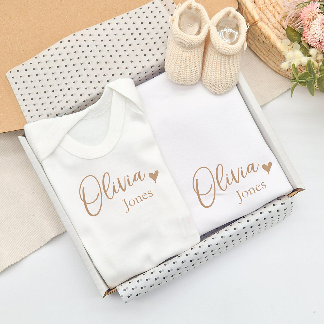 Personalied Beige Name Heart Baby Vest &amp; Blanket Gift Set