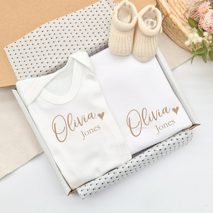 Personalied Beige Name Heart Baby Vest &amp; Blanket Gift Set