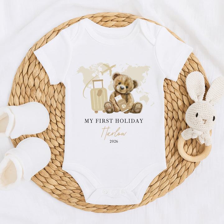 Personalised Beige Teddy My First Holiday Baby Grow or Vest