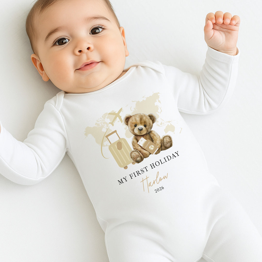 Personalised Beige Teddy My First Holiday Baby Grow or Vest