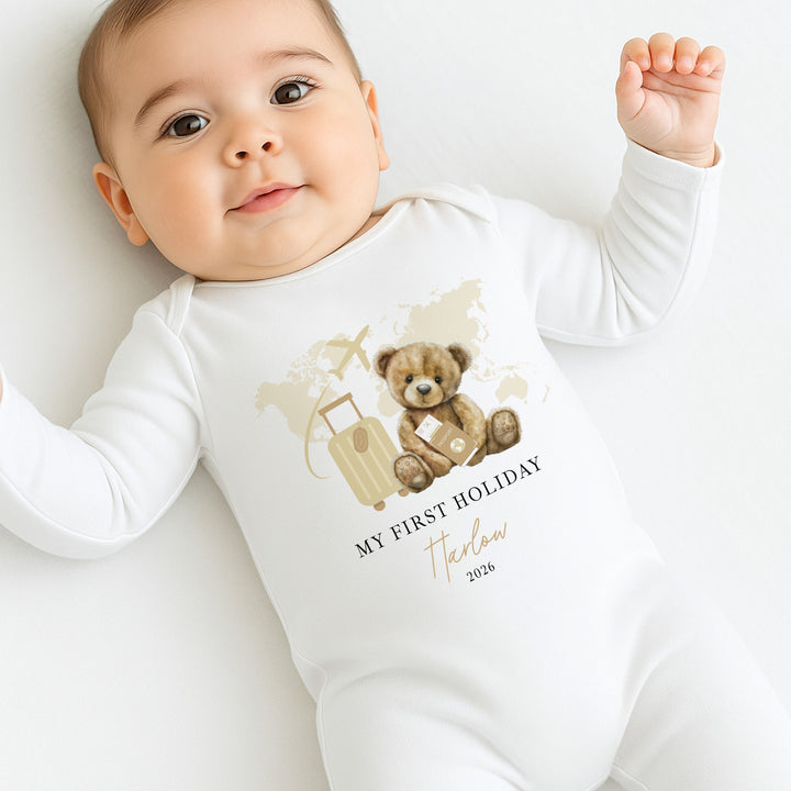 Personalised Beige Teddy My First Holiday Baby Grow or Vest