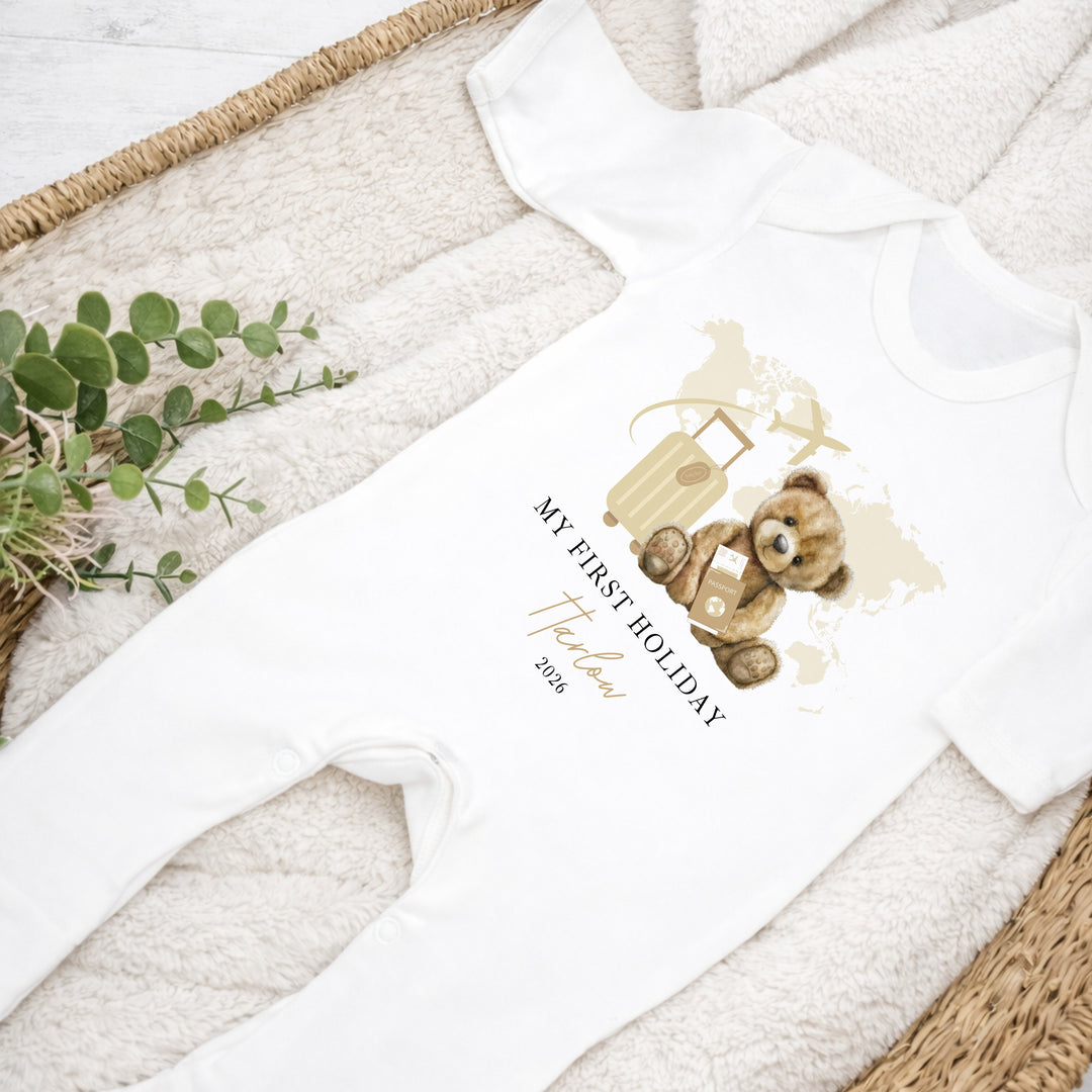 Personalised Beige Teddy My First Holiday Baby Grow or Vest