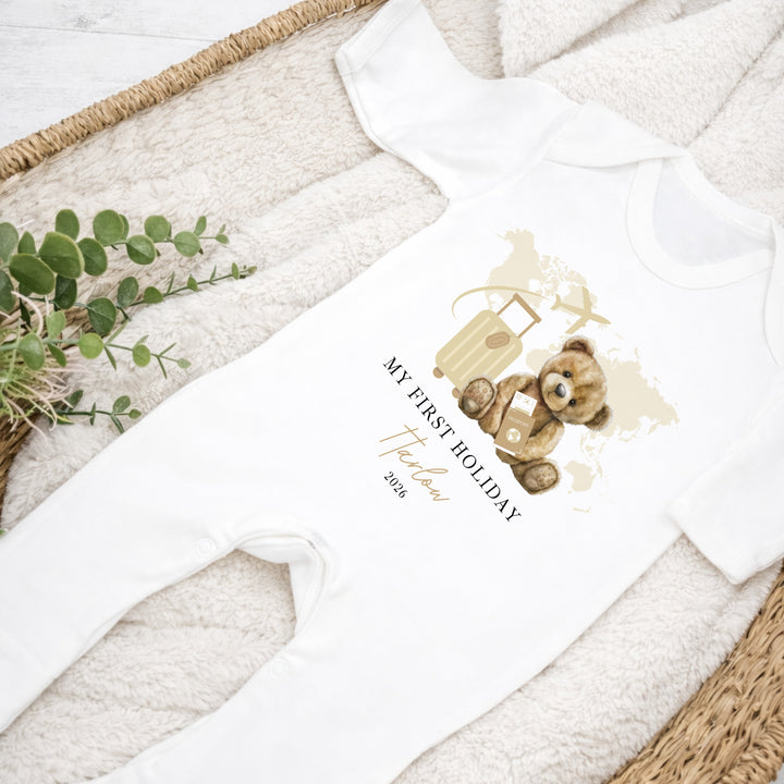Personalised Beige Teddy My First Holiday Baby Grow or Vest
