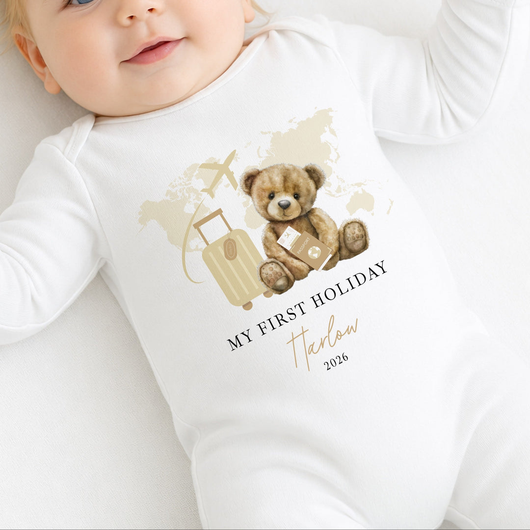 Personalised Beige Teddy My First Holiday Baby Grow or Vest