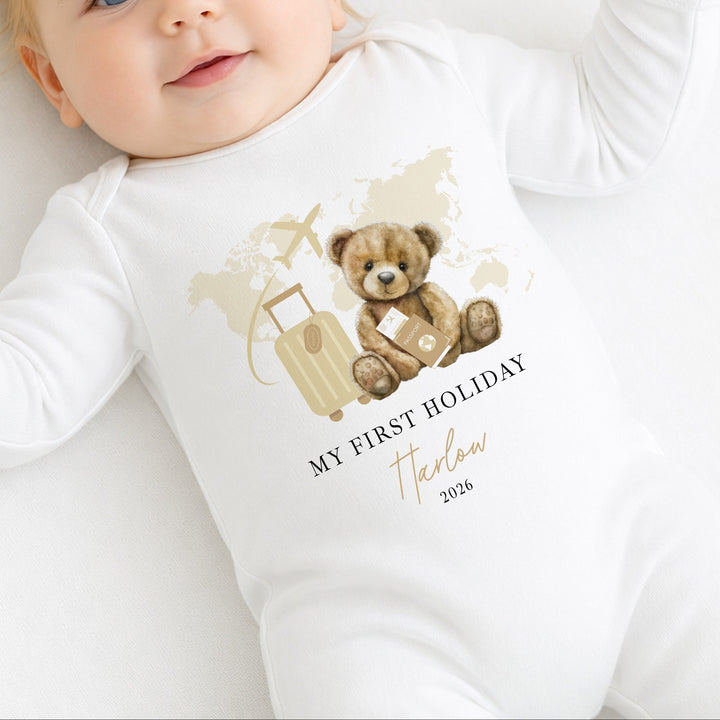 Personalised Beige Teddy My First Holiday Baby Grow or Vest
