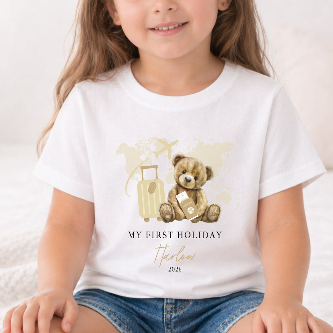 Personalised Beige Teddy My First Holiday T-Shirt