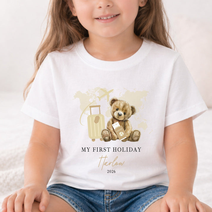Personalised Beige Teddy My First Holiday T-Shirt