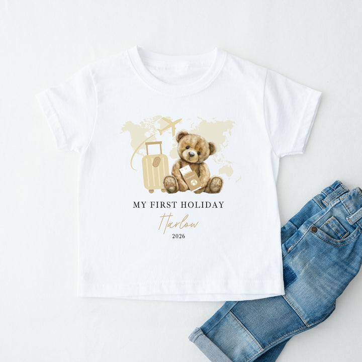 Personalised Beige Teddy My First Holiday T-Shirt